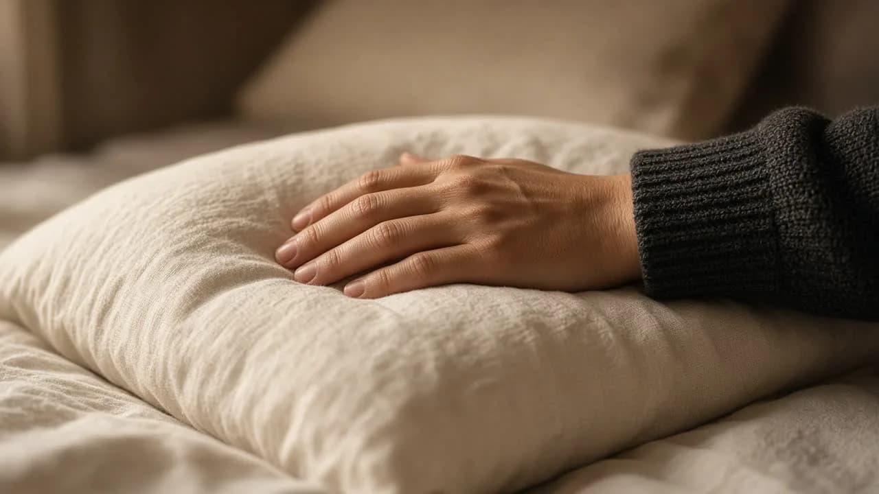 One hand resting on a rumpled pillow at the edge of an unmade bed in warm side light.
