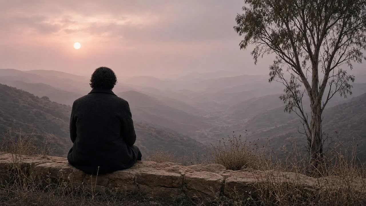 A person in a dark coat sitting on a sandstone wall at dusk, back to camera, a pale sun in canyon haze.
