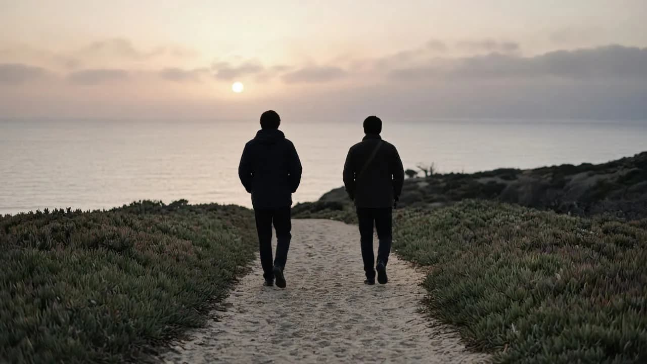 Two people walking a sandy iceplant path on a Laguna bluff at dusk, backs to camera, a hazy sun over water.