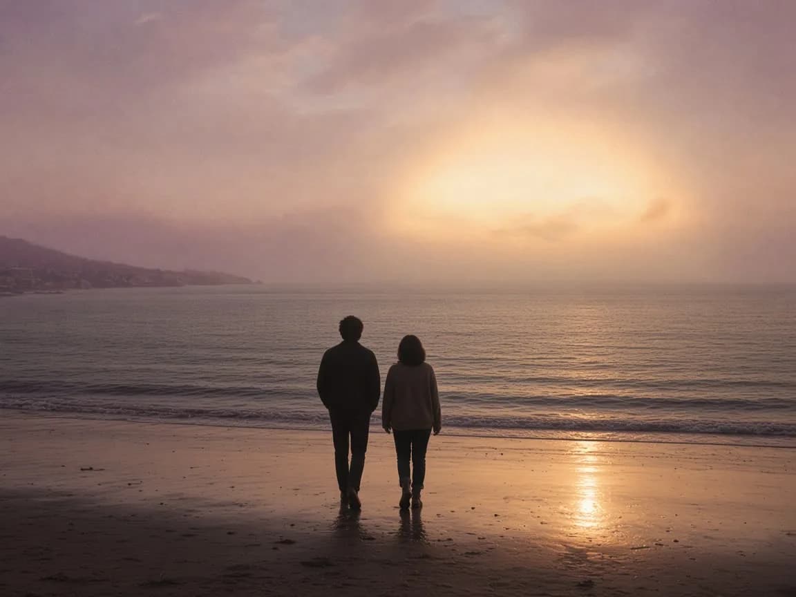 Two people standing on wet Laguna sand at dusk, backs to camera, a pale sun on the water.