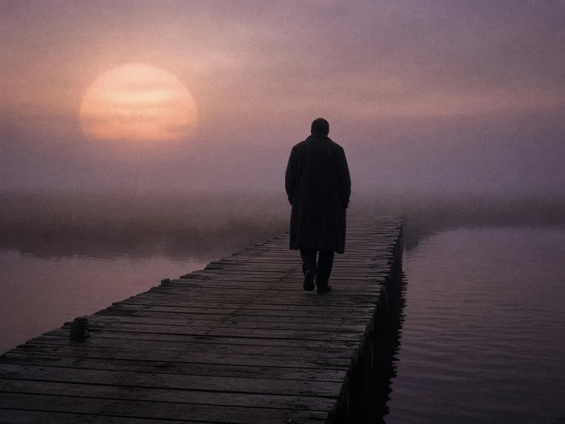 A person walking a weathered boardwalk at dusk, back to camera, counting the boards.