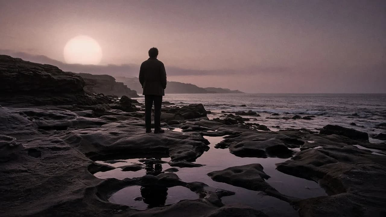A solitary figure standing on a tide-pool shelf at dusk, pale sun in mauve haze.