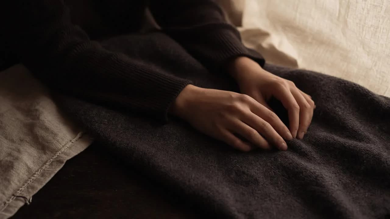 Two hands resting on a dark wool throw in warm side light — the body start of the week.