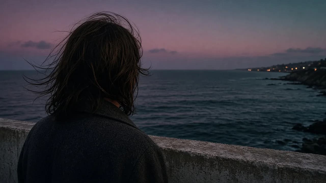 The back of a person in a wool coat at a seawall at dusk, looking toward a dark Pacific.