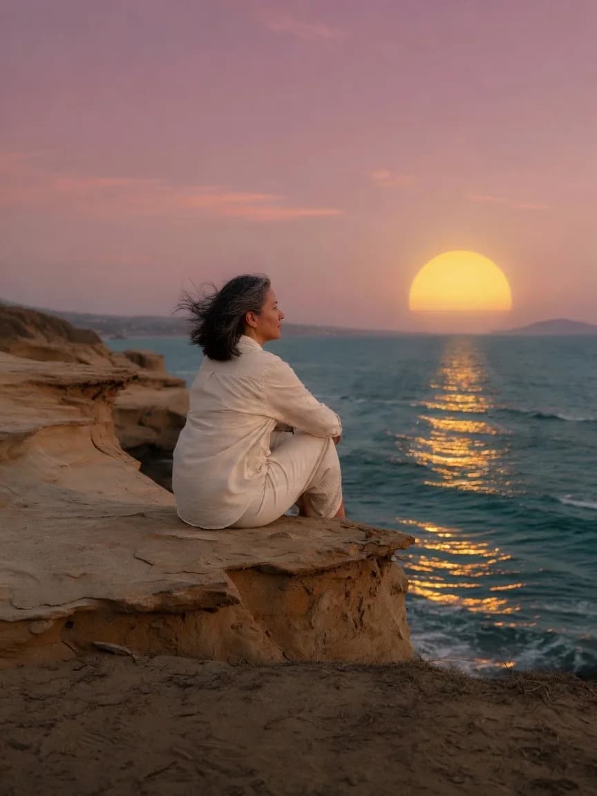 A person sitting on a Laguna sandstone cliff at dusk, looking toward a huge gold sun over the Pacific.