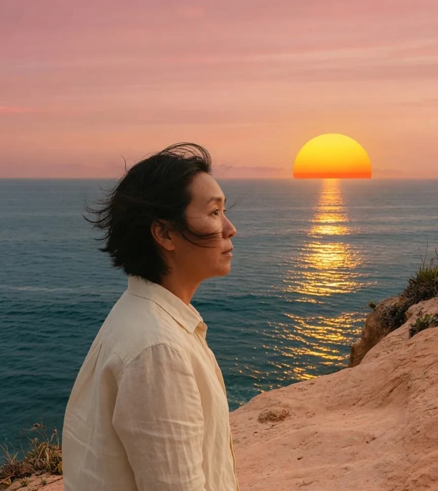 A person looking out over Laguna water at last light.