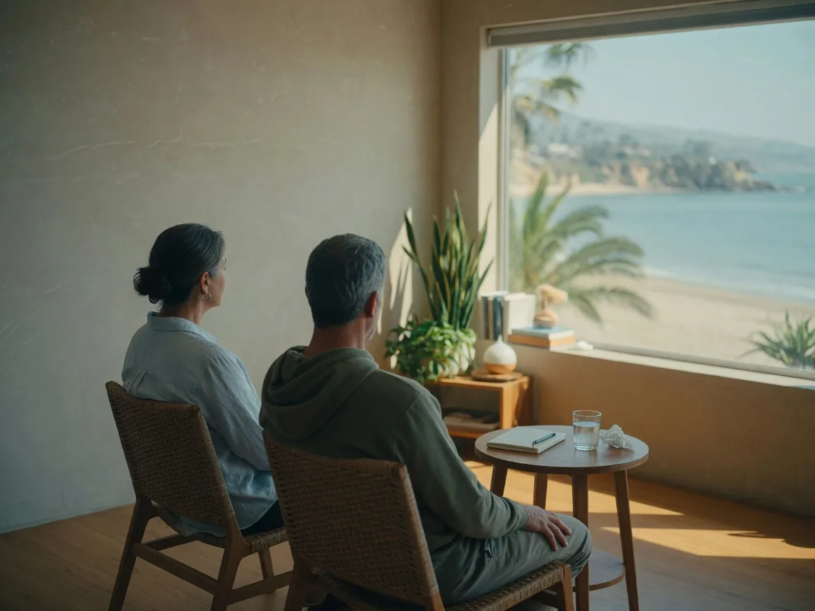A one-on-one outpatient session by a window overlooking the coast.