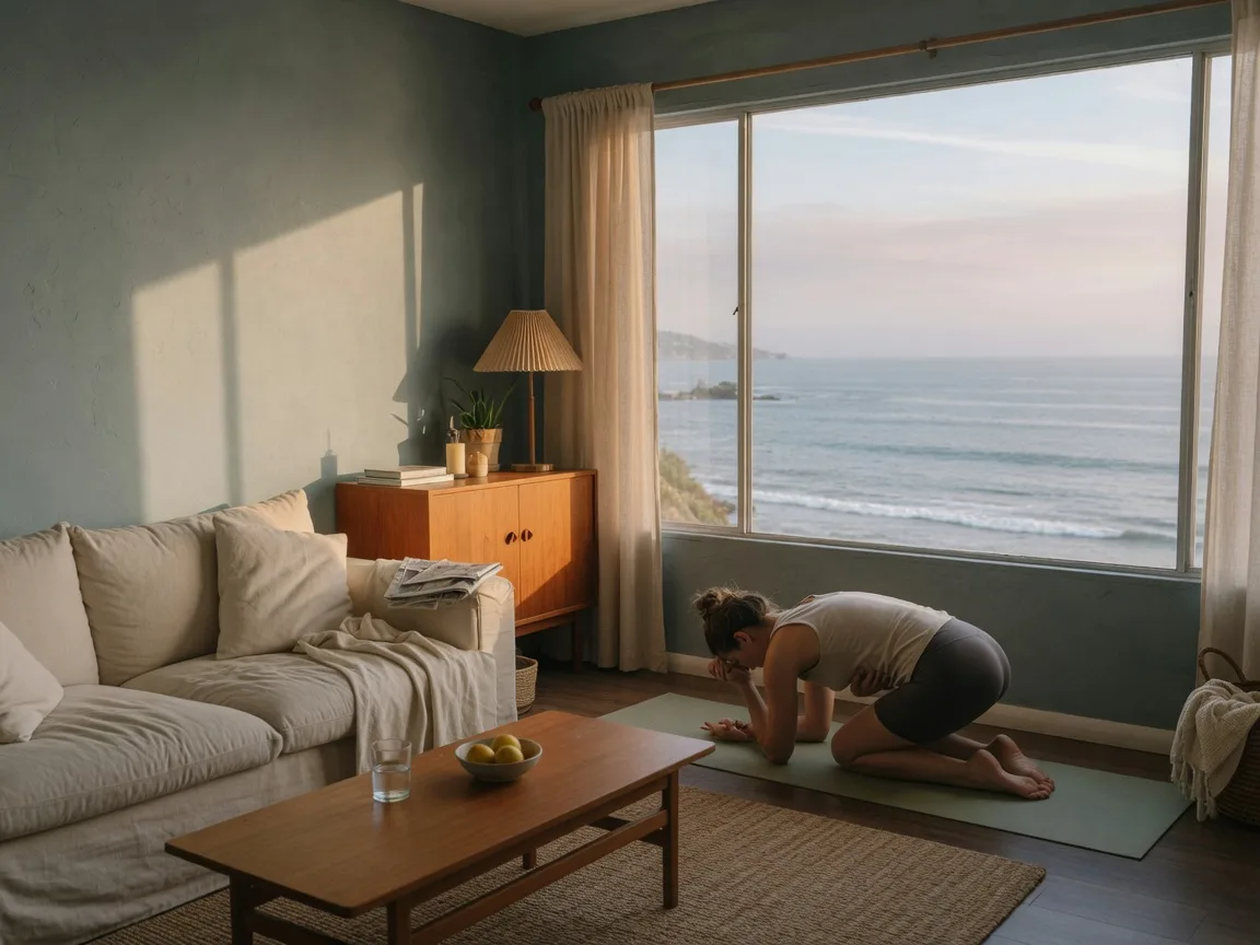 Morning somatic practice in a Laguna Beach living room, Pacific in the window.
