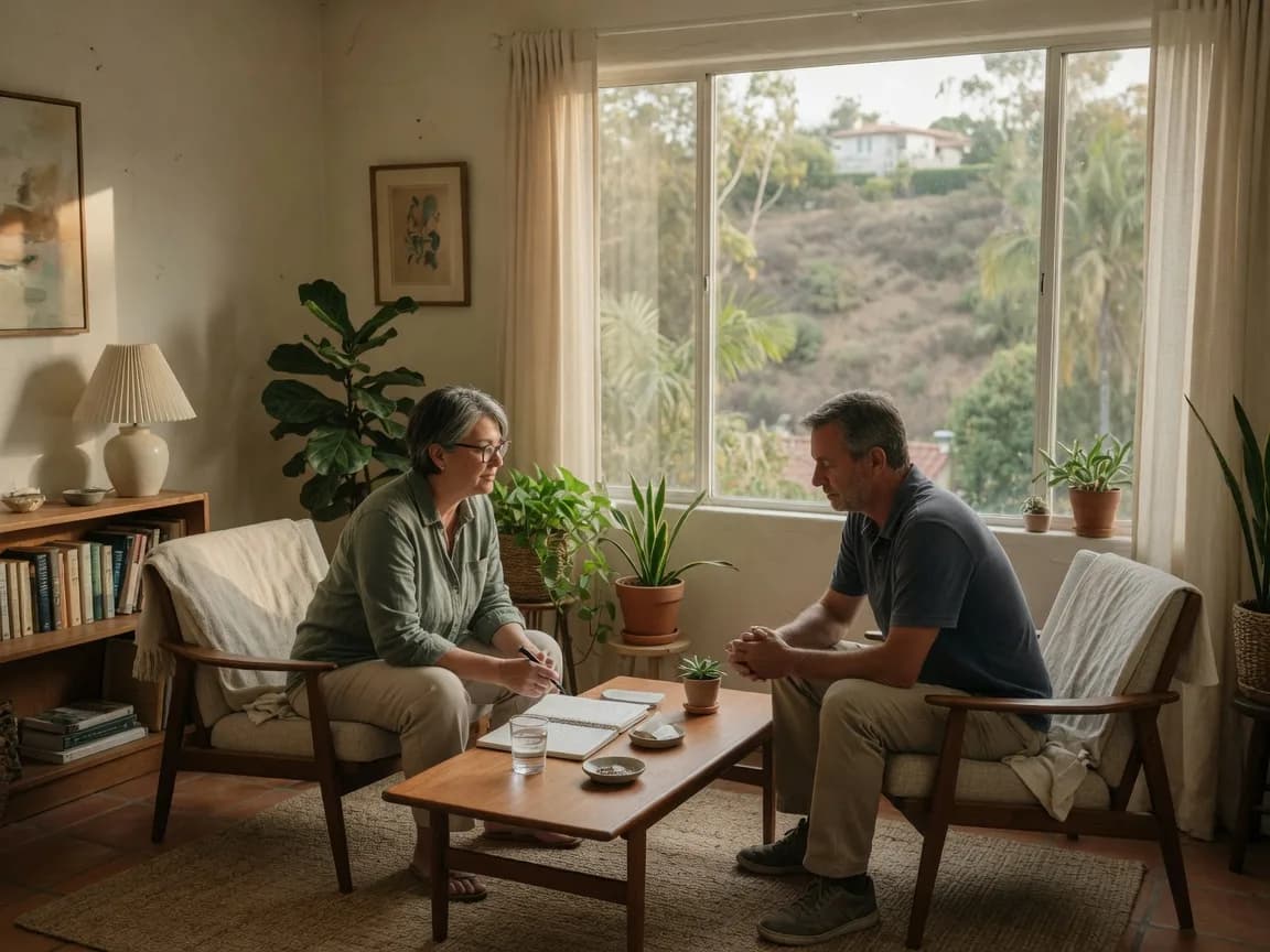 A one-on-one session in a Laguna Beach study, canyon light in the window.